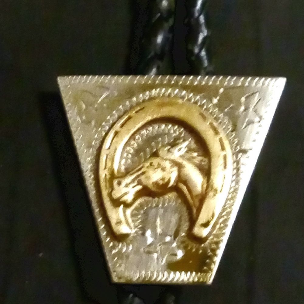 Vintage Signed RicardoWestern,Horse & Horseshoe, silver/bronze,Bolo Tie